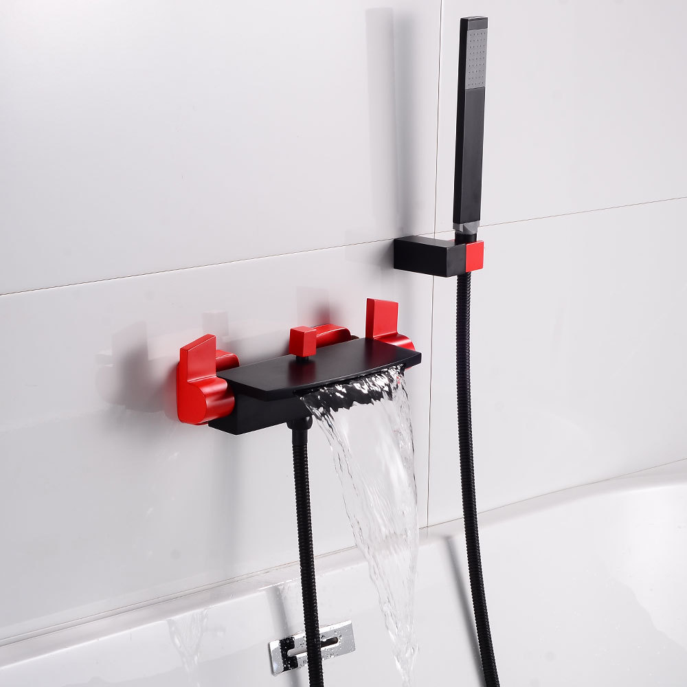 Nordic Brass Waterfall Bathtub Faucet Hotel Plain Black Bathtub Side Hot And Cold Shower Shower Set details Picture