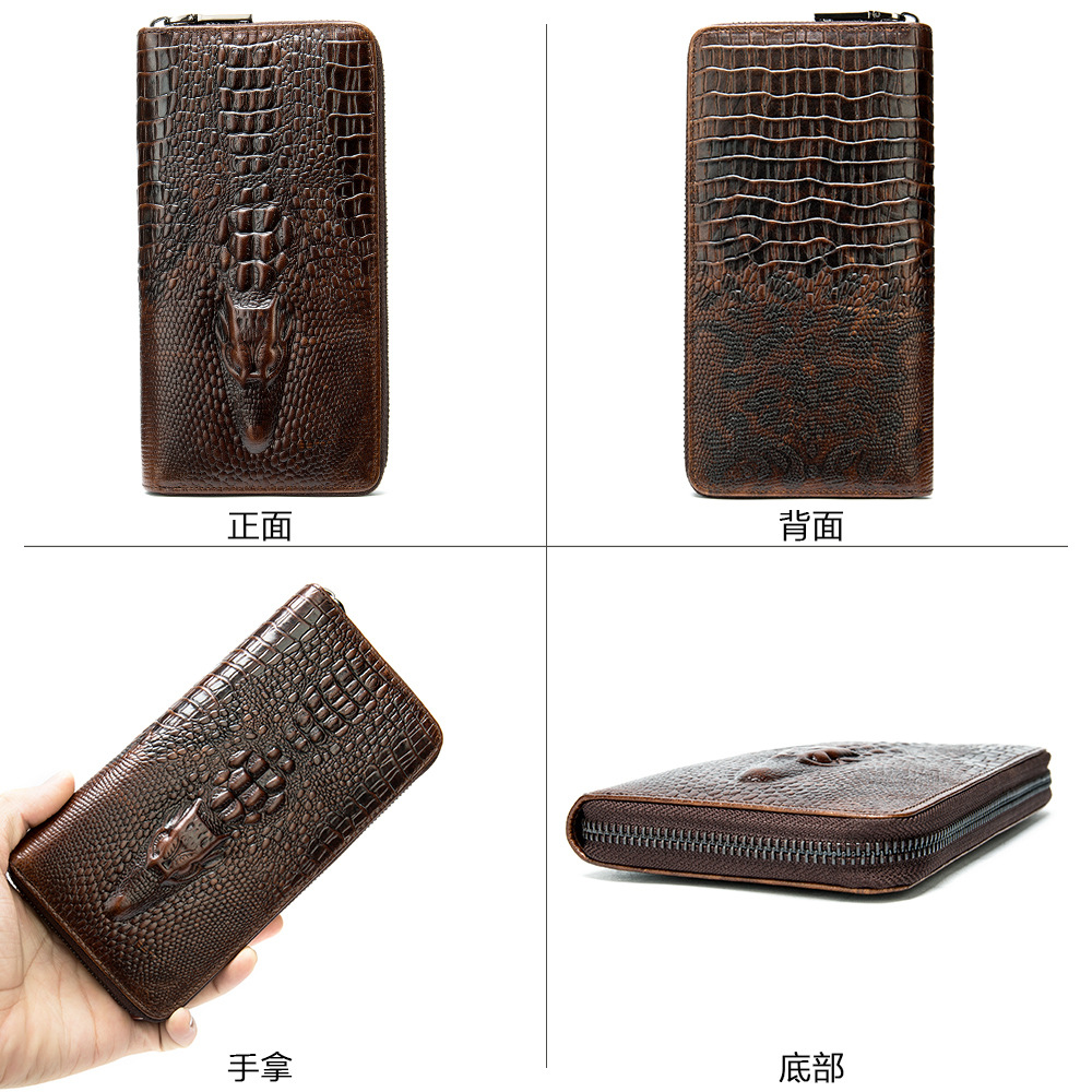 Amazon Men's Long Wallet Leather Alligator Print Business Multi-Card Holding Baotou Layer Cowhide Wallet Men Specification drawing