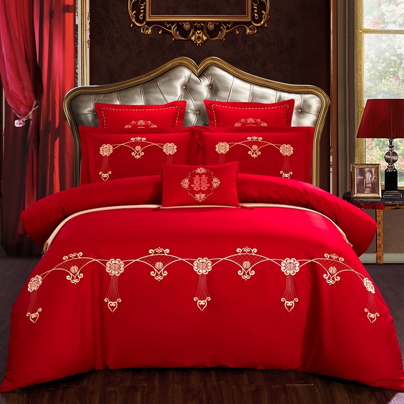 高端中式婚庆四件套大红纯棉绣花床上用品床品套件多件套一件代发图
