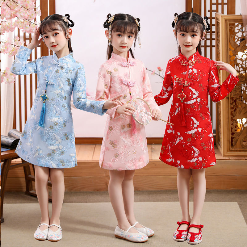 Children's autumn dress, Chinese-style ancient Hanfu, girls' dress, new children's dress, embroidered cheongsam dress for girls