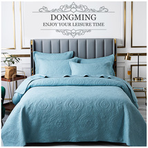 湖蓝绗缝床盖枕套三件套简约纯色铺盖夹棉床垫欧式双人空调被批发