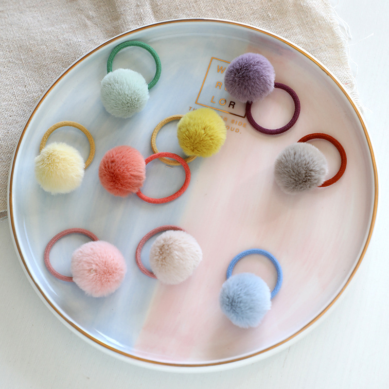 Korean Version Of Children's Hair Accessories Autumn Winter Hairball Ball Scrunchie Baby Small Leather Band Set Mink Ball Hair Cord Cute Candy Color