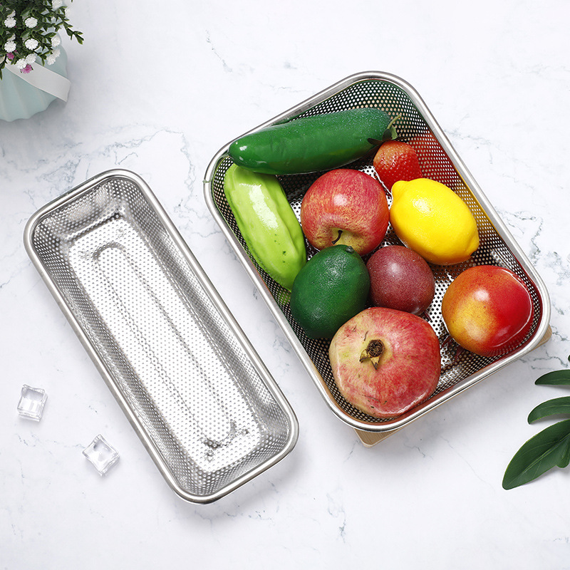 Thickened stainless steel drain basket punching basket Rectangular washing net basket basin Specification drawing