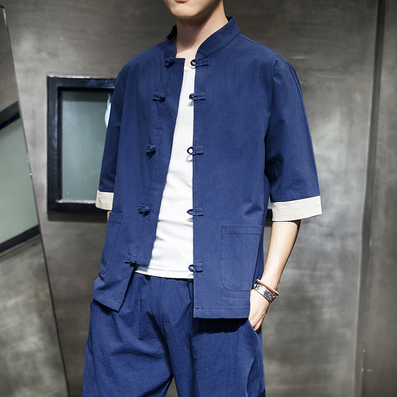 2020 Summer New Chinese Style Cotton And Linen Tray Buckle Tang Suit Men's Retro Large Size Fashion Linen Men's Casual Coat Item Picture