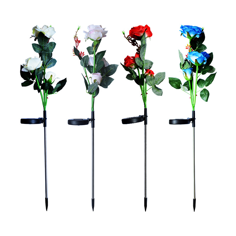 amazon cross-border solar simulation flower lights, rose garden decorative lights, 3-head flower lights, solar lawn lights Item Picture