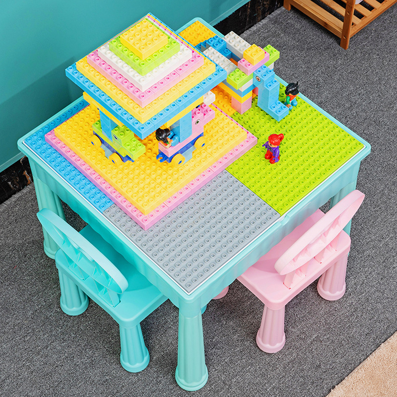 Multifunctional children's puzzle learning games wooden table toys compatible with building blocks table and chair one table and two chairs manufacturers wholesale Hualong toys Application Scenario