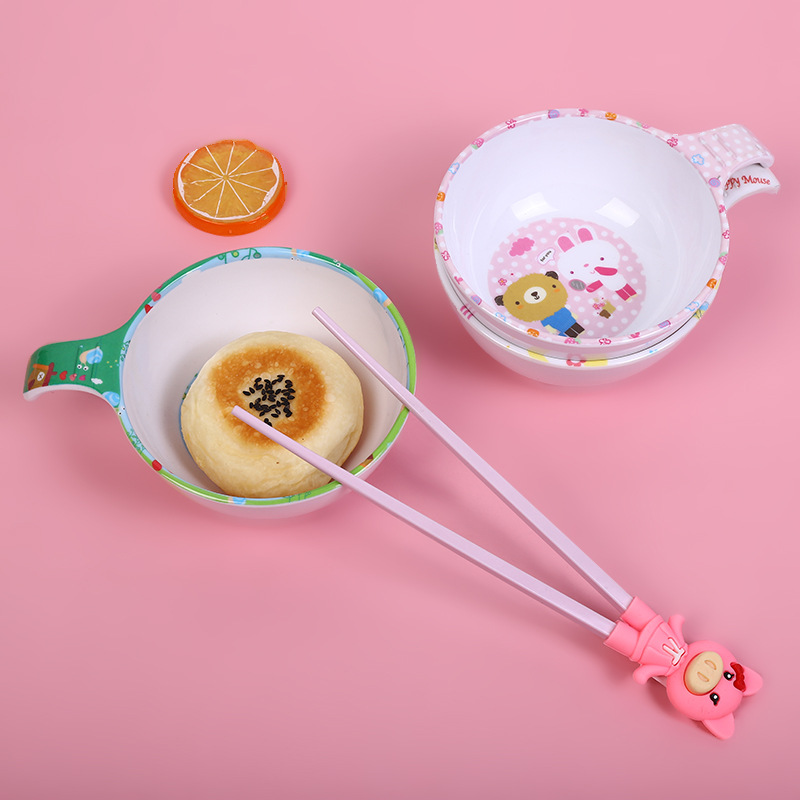 Manufacturers Directly Supply Melamine Tableware With Grip Round Bowl Japanese-Style Bowl Kindergarten Children's Bowl Chopsticks Custom Logo Specification drawing