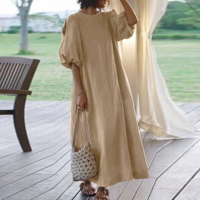 2020 Summer new dress: Women's puffy and elegant mid-sleeved casual dress, off-the-shoulder solid color party dress, cotton and linen dress Specification image