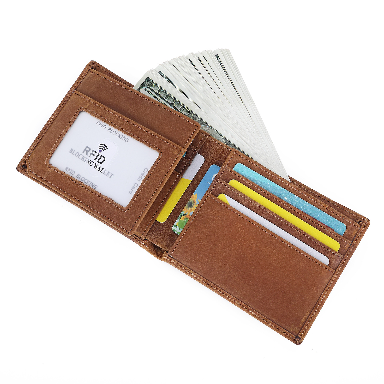 现货亚马逊RFID男士钱包疯马皮卡包真皮钱夹银行卡套卡包定 制