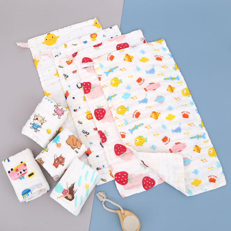 High-Density Six-Layer Pure Cotton Small Towel 6-Layer Gauze Children's Face Towel Washing Cotton Children's Towel Printed Water Mouth Towel Wholesale Specification drawing