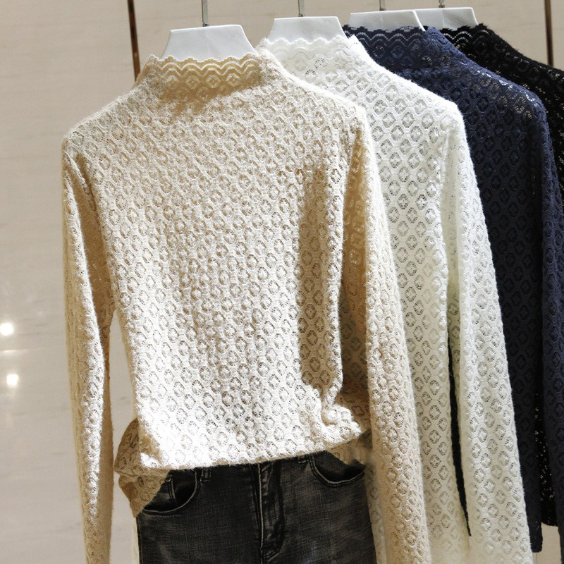 A new lace base layer shirt for autumn and winter, a slim and elastic semi-high-neck lace shirt for women to wear as an inner layer Specification image