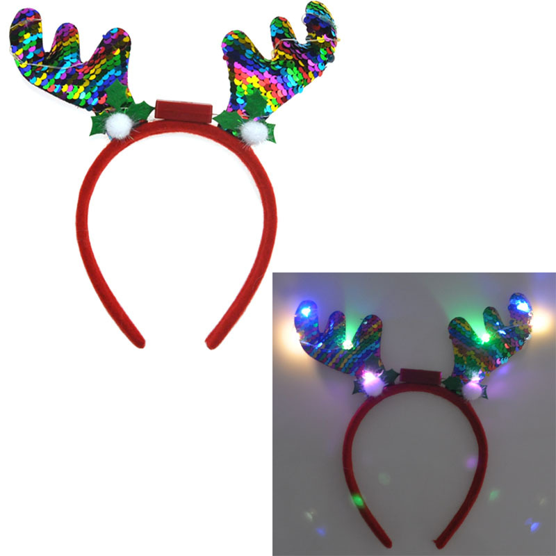 Coollester Glitter Headband 6 Features Sequin Antler Headband 6 Lights Party Push Christmas Headband Application Scenario
