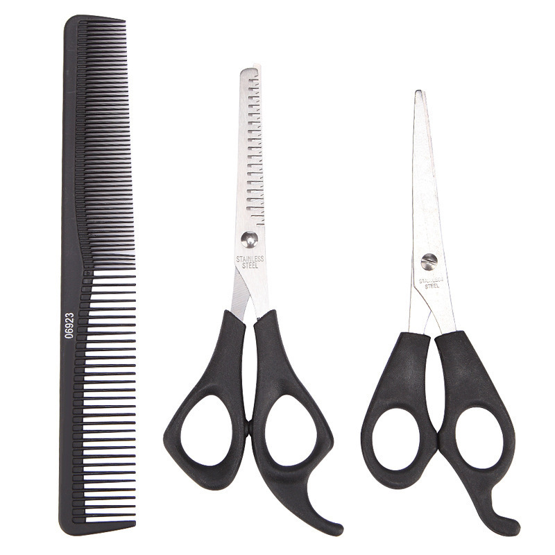 Three-piece set for haircuts: teeth scissors, flat scissors, double-headed black carbon fiber comb, plastic haircuts, thin scissors, bangs, shanilak