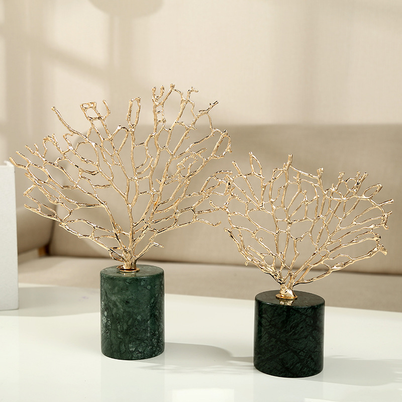 欧式创意金属装饰品珊瑚树大理石摆件家居软装轻奢摆设饰品批发