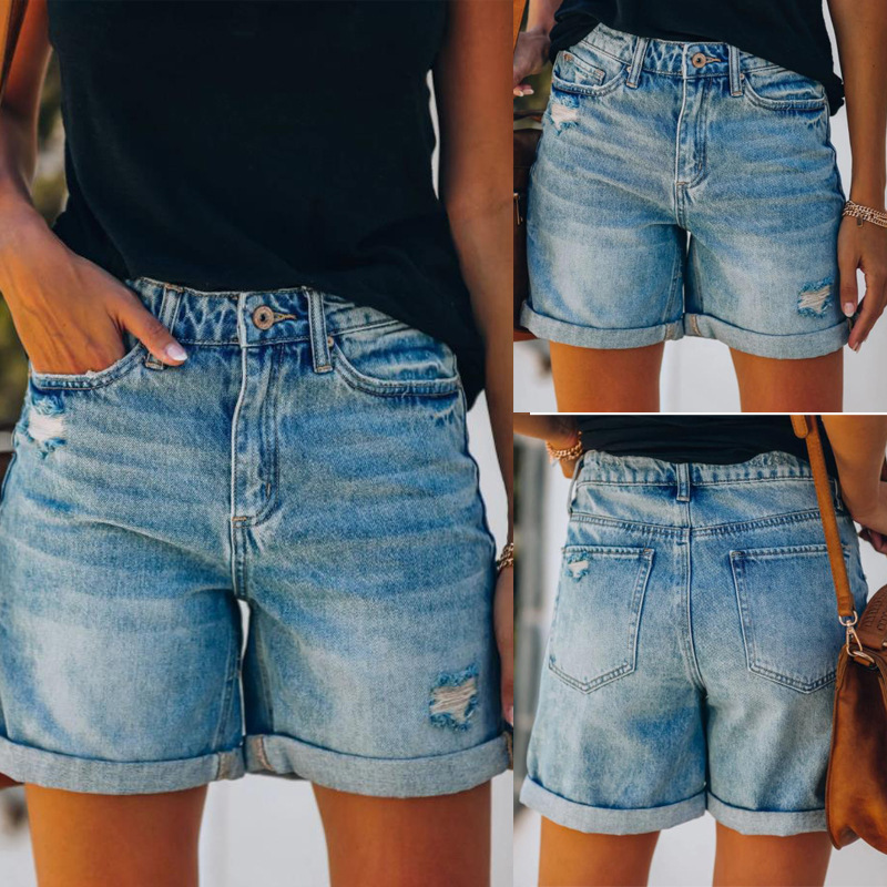 跨境现货时尚2020夏季外贸都市休闲牛仔直筒裤女式牛仔短裤