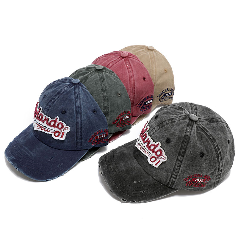 European and American export washed denim baseball caps, personalized outdoor patch embroidered letter sun hats, and curved brim baseball caps
