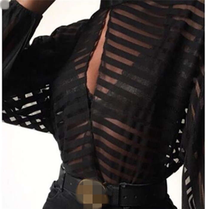 ebay速卖通秋季新款女士条纹立领镂空上衣性感长袖透视女式衬衫详情图2