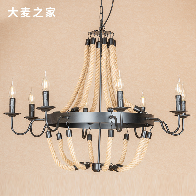 Cross-border LED ceiling lamp twine chandelier American living room retro iron chandelier