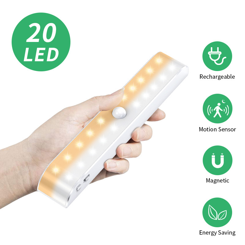 Three-row warm light wardrobe lamp, 30-LED cabinet lamp, human infrared sensor lamp, USB lithium battery rechargeable night light Specification image