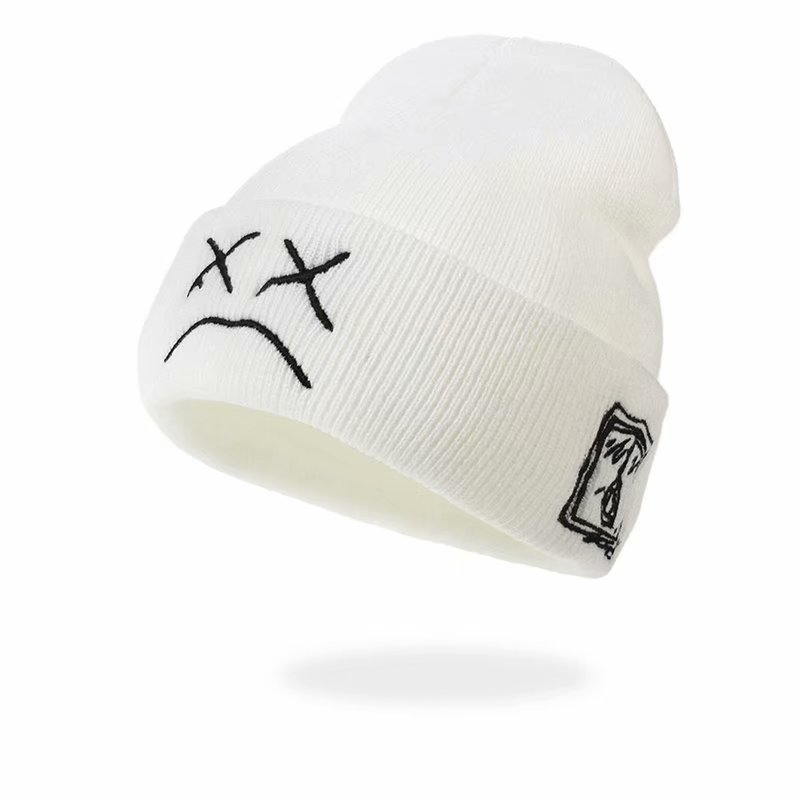 Foreign Trade Hot Winter Lil Peep Embroidery Knitted Hat Sad Face Expression Funny Men And Women All Peas Hat details Picture