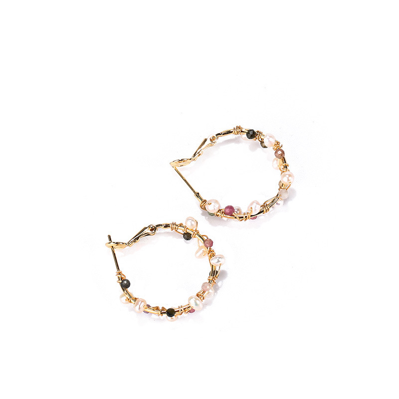 Rainbow Micro Light Simple Series 14k gold-plated Earrings, fashionable women's Natural tourmaline Pearl wound small ring earrings Item Picture