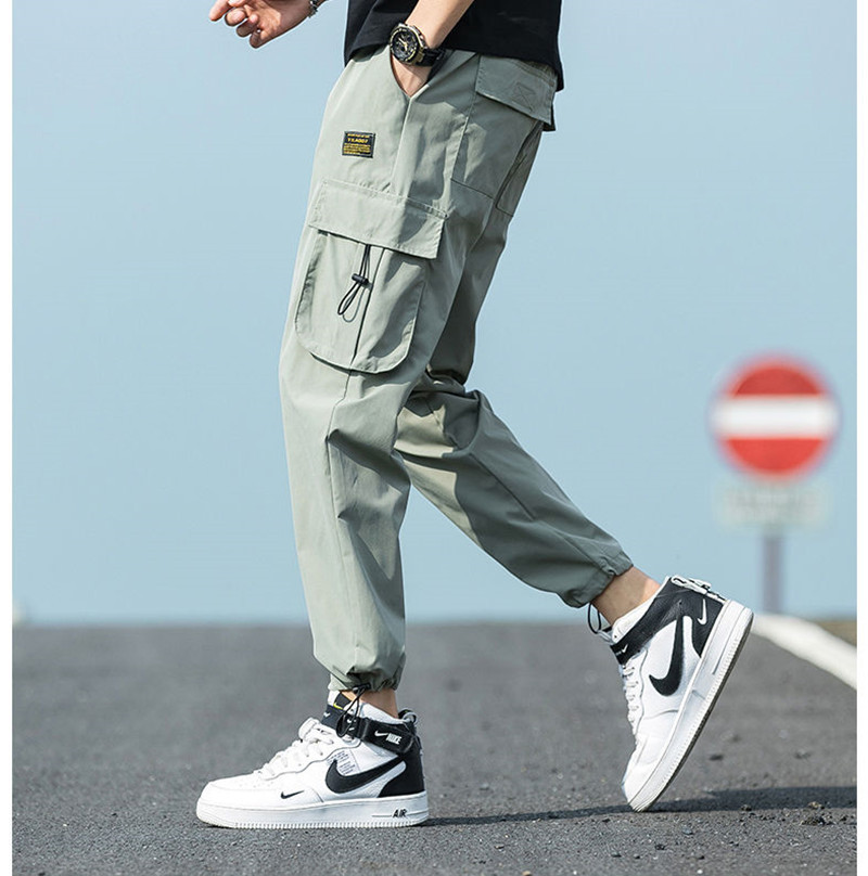 Men's trendy workwear pants, 9-inch casual long pants, men's loose spring and autumn thin drawstring sports Korean style trend distribution