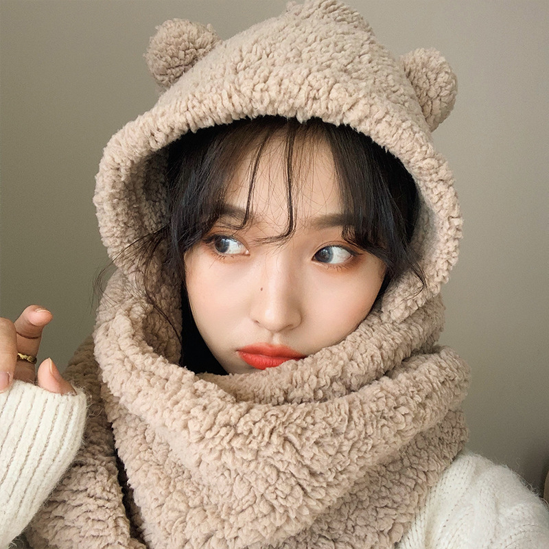 Peluche oso orejas sombrero bufanda una mujer otoño invierno versión coreana versátil sistema de día dulce lindo invierno mantener caliente details Picture