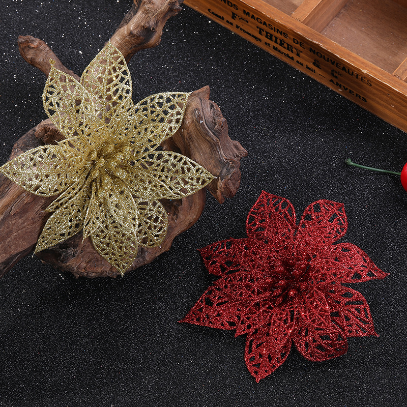 Christmas Flower Simulation Plastic Flower Christmas Tree Wreath Decoration Supplies Multi-Color Optional Christmas Hollow Gold Powder Flower Accessories