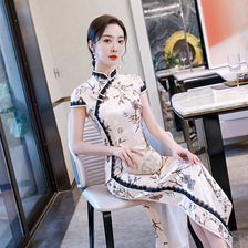 2021春季改良印花短袖长款旗袍演出大码气质中国风日常显瘦旗袍裙