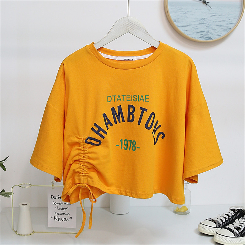 Fashionable printed, unique drawstring short top, base layer, women's design sense, elegant women's short-sleeved T-shirt, women's hair delivery Application Scenario