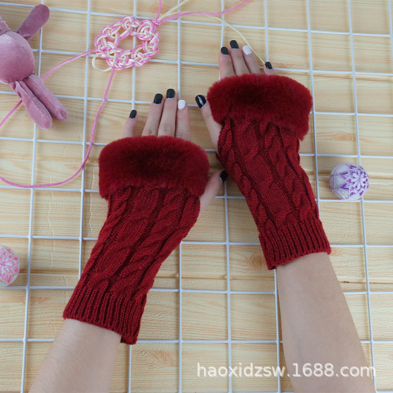 Haoxi Autumn and Winter Outdoor decoration and warmth, fashionable new JK cute twisted half-finger woolen gloves in stock for export Specification image