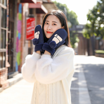 Wholesale of 2020 new Korean-style fashionable plush cartoon suede gloves and winter pom-pom mitten gloves for women