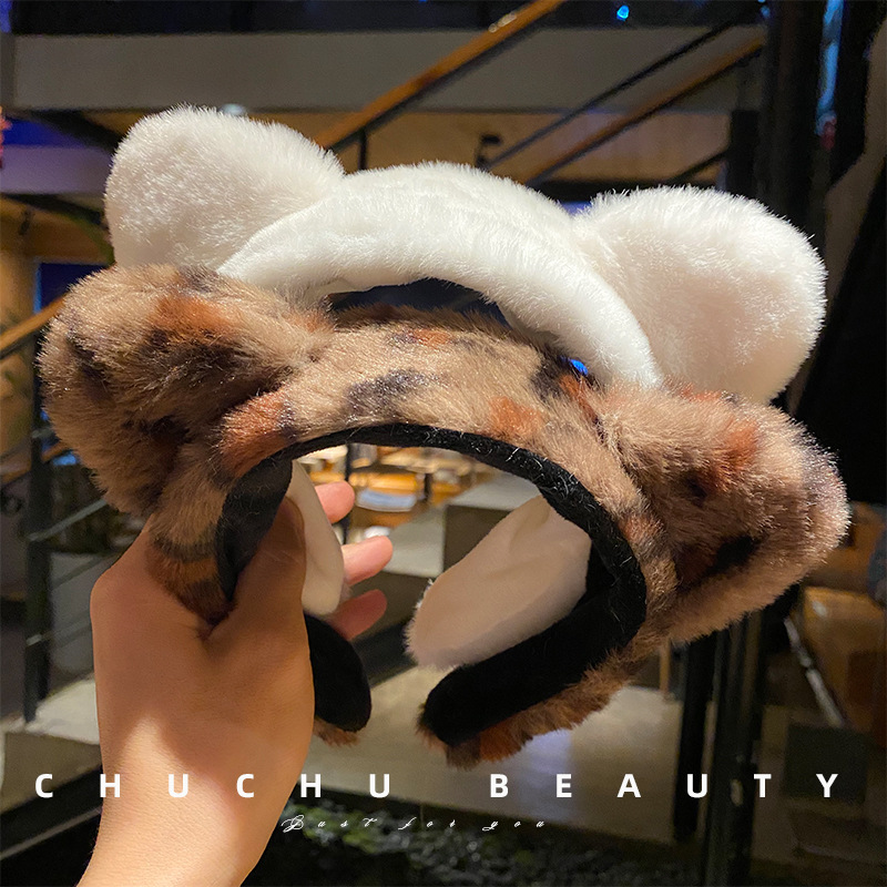 Korean Plush Cat Ears Funny Face Wash Hair Band Cute Head Set Wide Edge Makeup Pack Mask Hair Clip Hair Headband