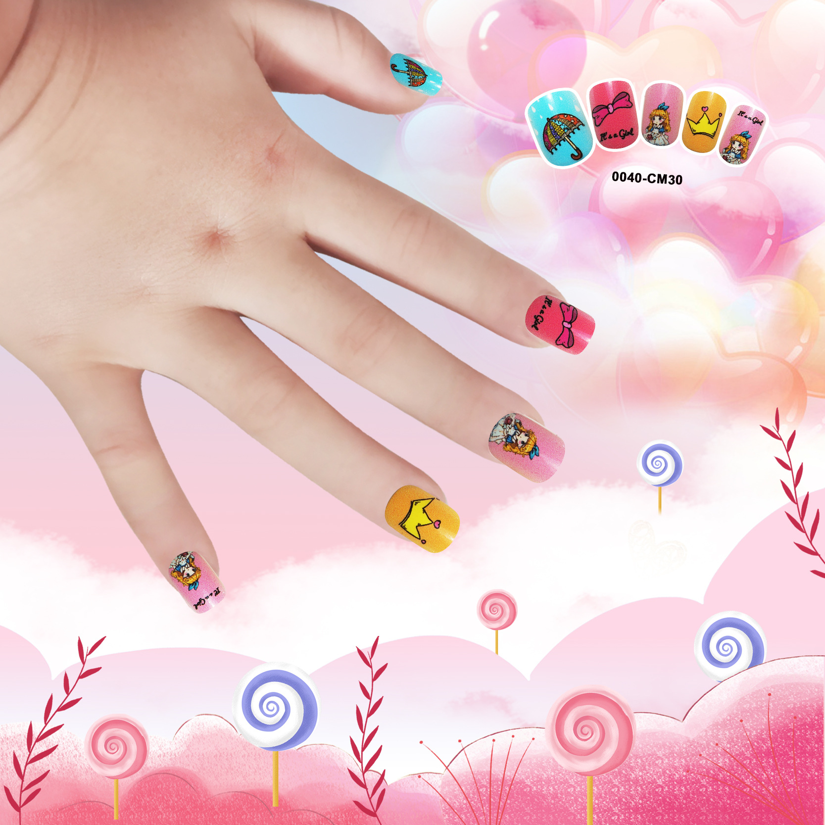 Children's false nail nail patches, children's nail art patches, finished children's nail patches, wearable nails, detachable, harmless, 24 pieces Specification image