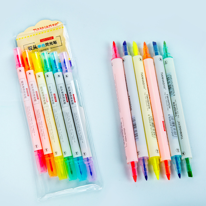 1724 Double-headed colored highlighters for students, DIY notebook pen, 1PVC bag, 6 colors, 6 slanted and round-headed markers Application Scenario