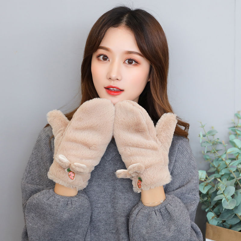 Cute winter gloves for girls, warm for students, Korean version of women's winter fleece and thickened cycling, cold-proof and windproof fleece gloves