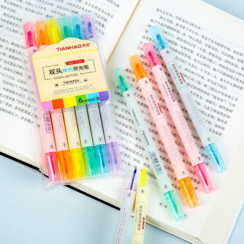 1724 Double-headed colored highlighters for students, DIY notebook pen, 1PVC bag, 6 colors, 6 slanted and round-headed markers Specification image