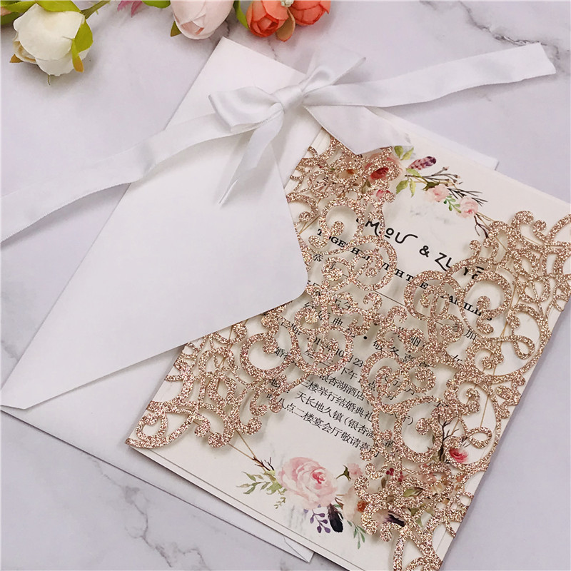 Customized wedding invitations, festival greeting cards and wedding invitations made of multi-color golden scallion powder, super flash material, hollowed-out card paper details Picture
