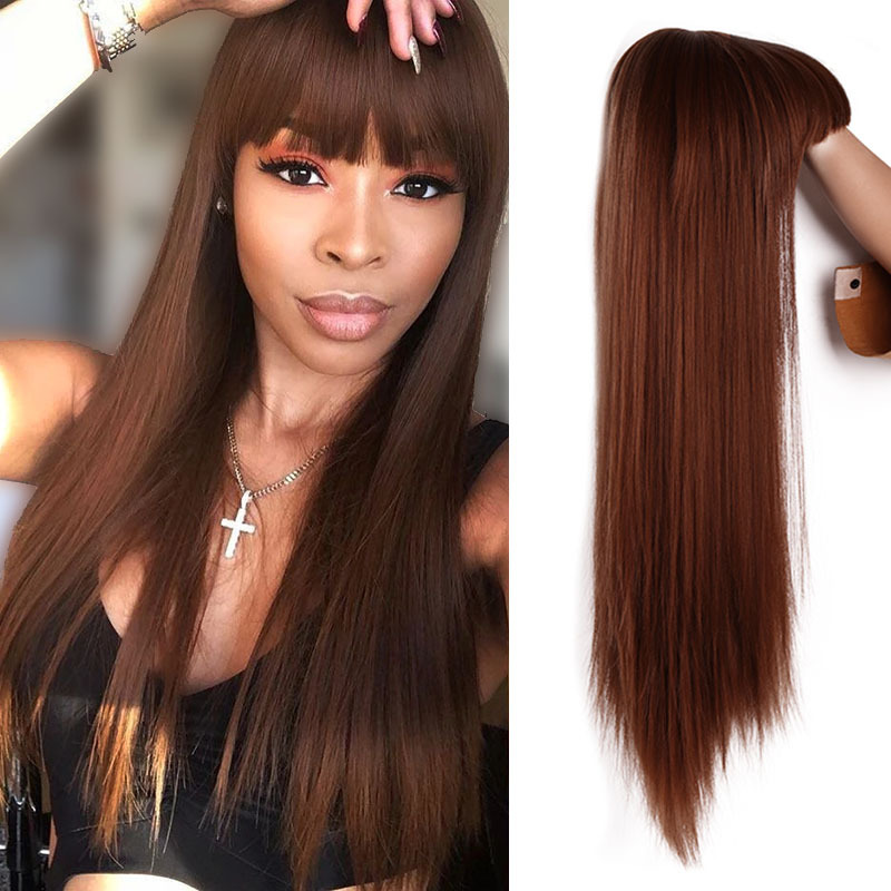 Wholesale of European and American cross-border wigs with straight bangs and long, straight hair made of high-temperature synthetic fiber Specification image