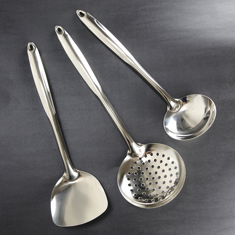 Source Stainless Steel Kitchenware Hotel Supplies Hollow Handle Thickened Large Slotted Spoon Cooking Spatula 3-Piece Set Specification drawing