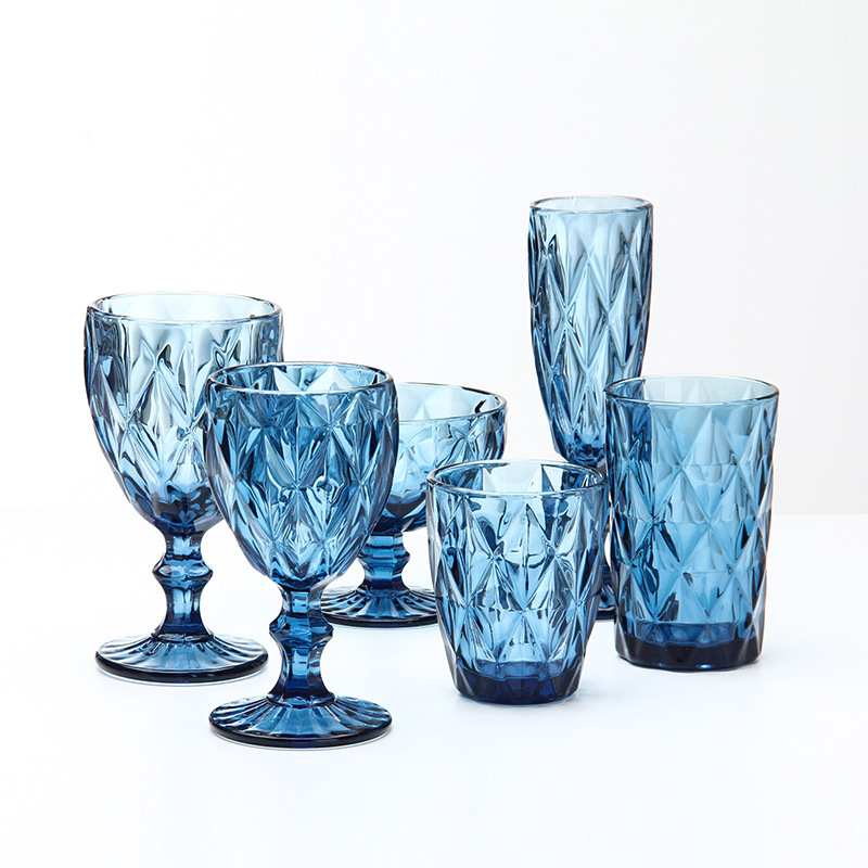 厂家欧式复古菱形浮雕玻璃杯红酒杯口杯彩色高脚杯壶7件套装图