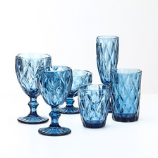 厂家欧式复古菱形浮雕玻璃杯红酒杯口杯彩色高脚杯壶7件套装