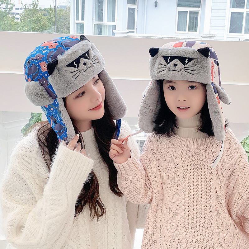Thickened children's ear protectors for autumn and winter, warm cat hats, Lei Feng hats, cute hats, and women's winter woolen protective cotton combination