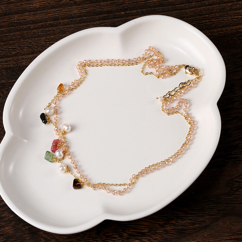 Rainbow Micro Light Simple Series 14k gold-plated Jewelry, fashionable Women's Natural Tourmaline Pearl Zircon Double Layer Necklace Application Scenario
