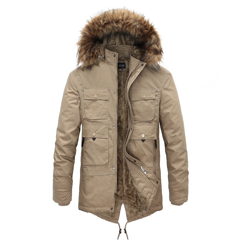 New winter coats for men on Amazon for foreign trade, mid-length cotton-padded jackets with fleece, thickened cotton-padded jackets with fur collars for warm men's wear Application Scenario