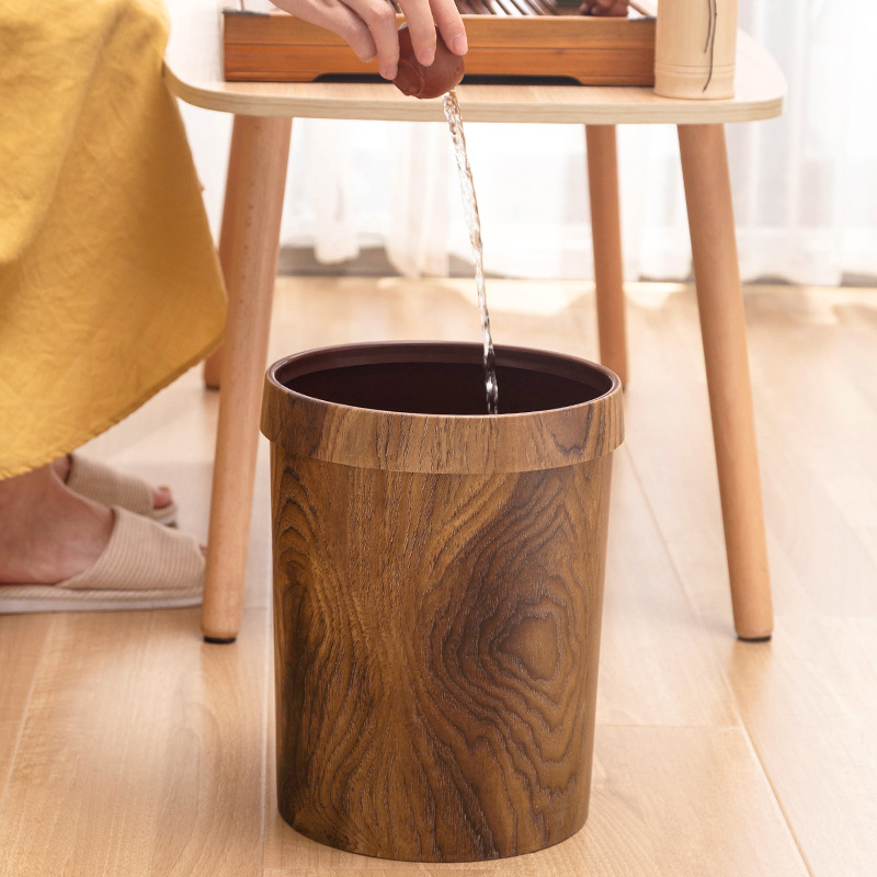 Hotel and guesthouse home retro wood-grain creative living room, kitchen, bathroom and toilet plastic trash can with pressure ring Specification image