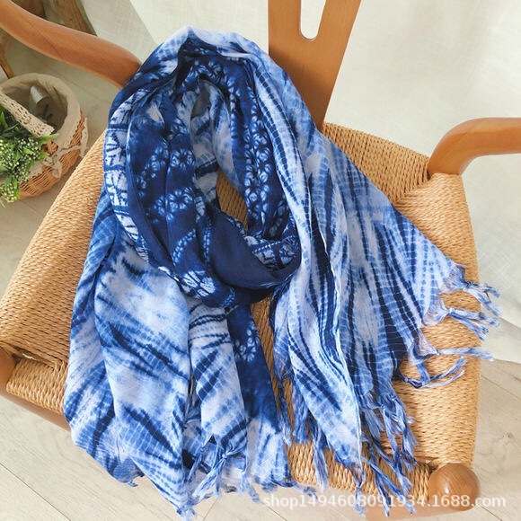 Women's Long Scarf New Tie-Dye Navy Blue Gauze Scarf Gradient National Style Cape Vintage Print Dazzling Color Scarf Specification drawing