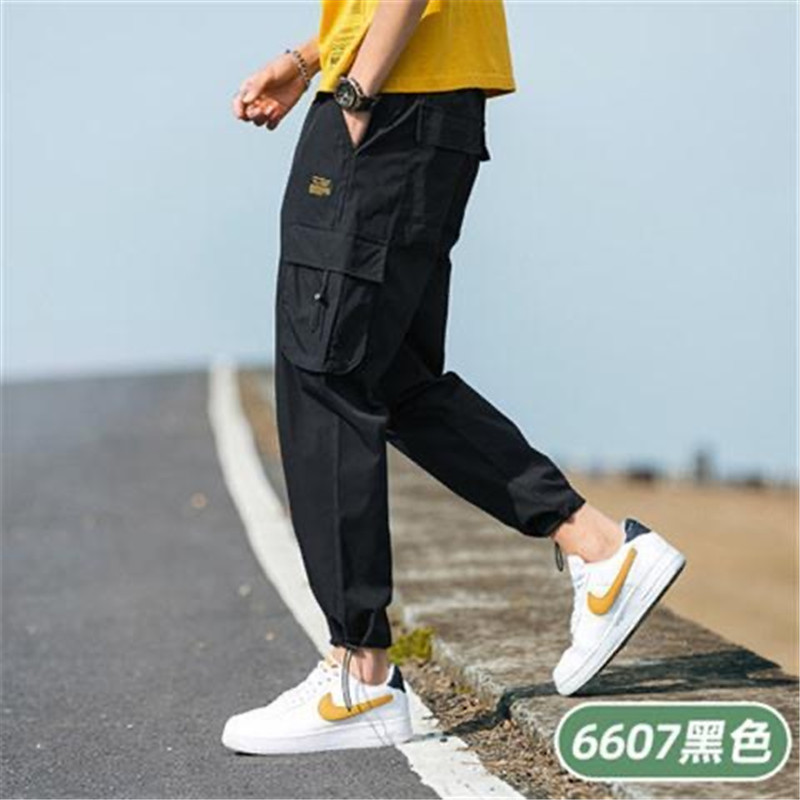Men's trendy workwear pants, 9-inch casual long pants, men's loose spring and autumn thin drawstring sports Korean style trend distribution Item Picture