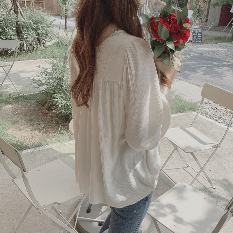 2022 Early Autumn new Korean-style long-sleeved loose square-neck top, solid-color shirt, women's design sense chiffon shirt Application Scenario