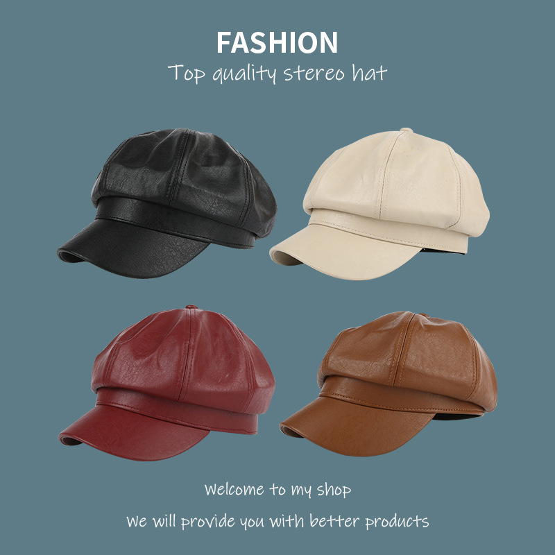 New Korean version of the octagonal hat fashion women's hat autumn and winter style painter hat PU beret